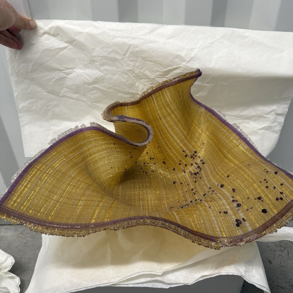 Carole Perry Gold & Amethyst Fused Glass Tapestry Sculpture Bowl Signed